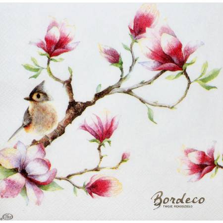 Serwetka decoupage firmy IHR ptaszek na magnolii 25x25cm